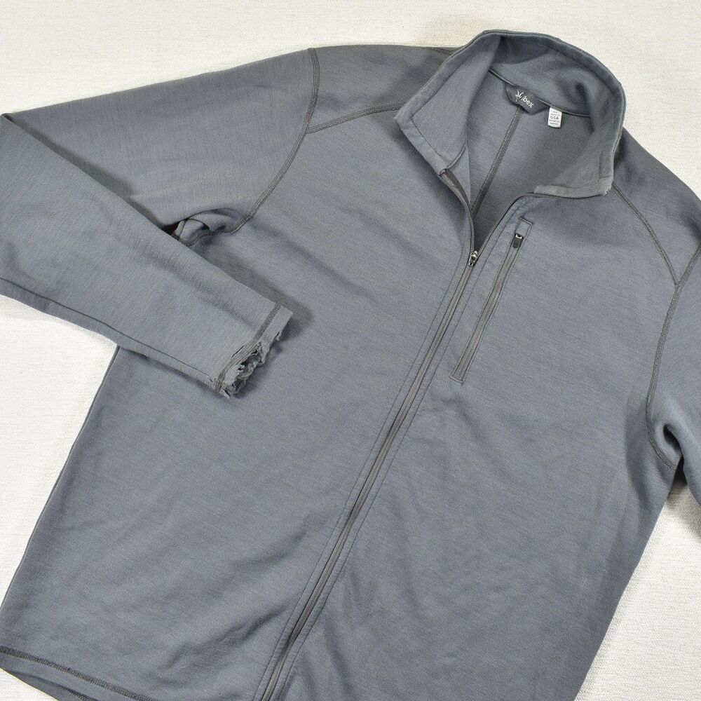 Ibex Mens Merino Wool Full Zip Jacket Gray Sweater Pocket Made in USA XL